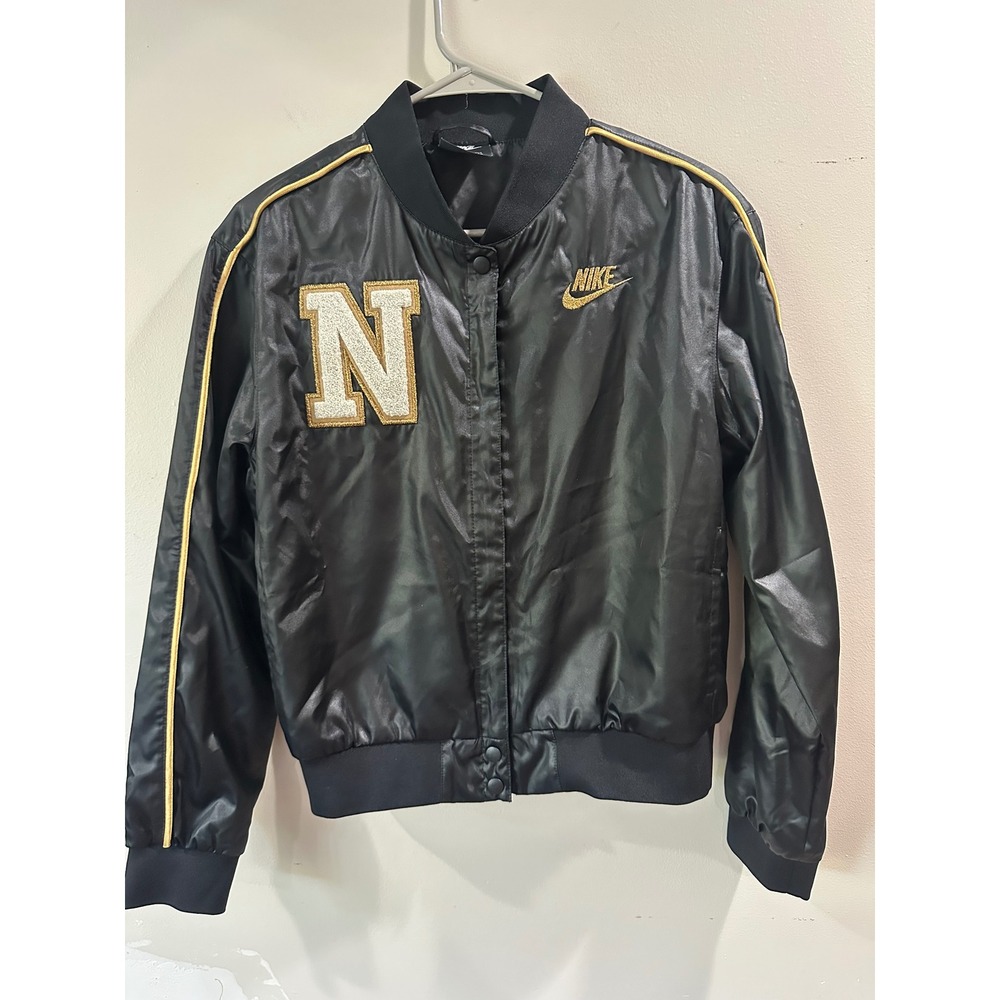 Nike Womens Varsity Bomber Jacket Black Gold Satin Chenille N Patch XL
